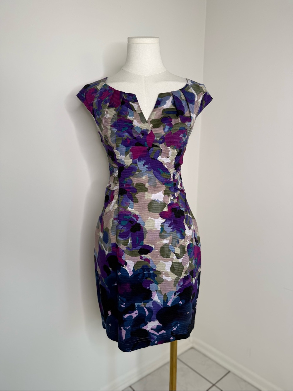 Adrianna Papell Purple and Olive Floral Midi Sheath Dress